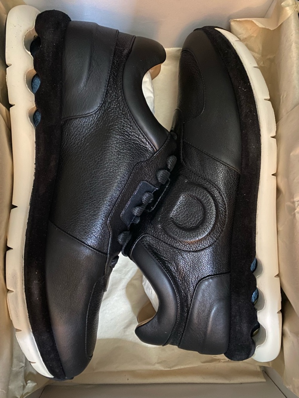 Salvatore Ferragamo Black Leather Sneakers with White Sole